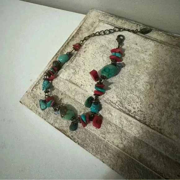 Southwestern boho coral and turquoise copper bracelet - Picture 3 of 5